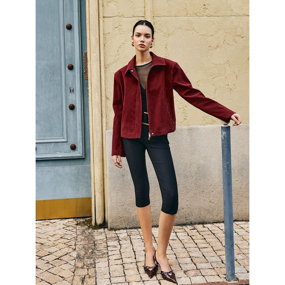 Commense Burgundy Lapel Suede Jacket,‎ Collared Zipper-Pockets Size S